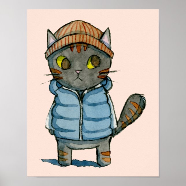 Katt med Beanie och Nere Vest Watercolor Poster (Framsidan)