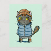 Katt med Beanie och Nere Vest Watercolor