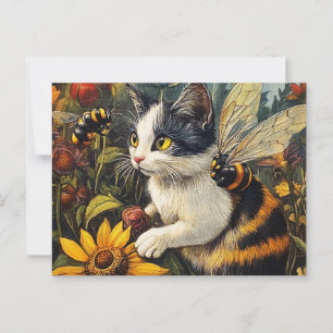 Katt med bin och blommor vykort