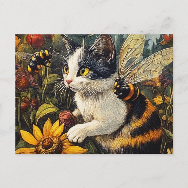 Katt med bin och blommor vykort (Framsida)
