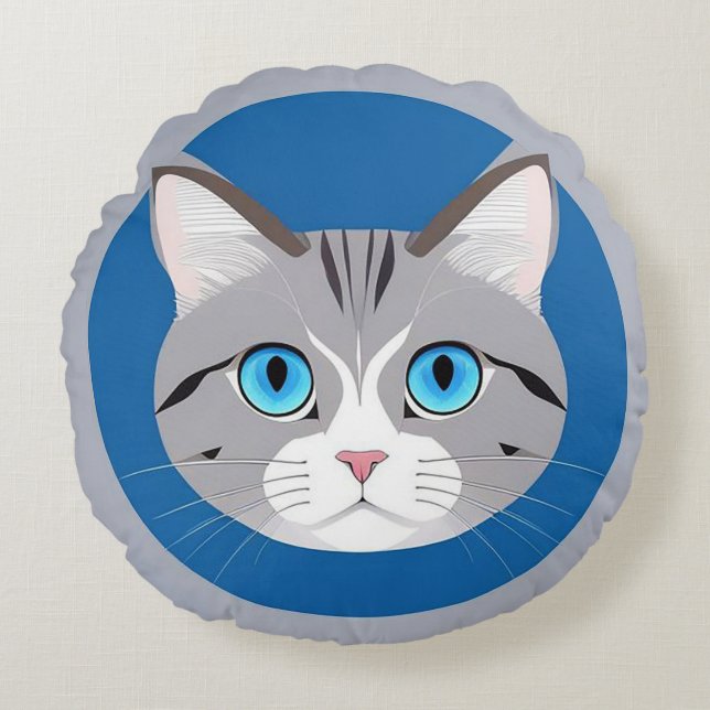Katt Med Blå Ögon Rund Kudde (Framsidan)