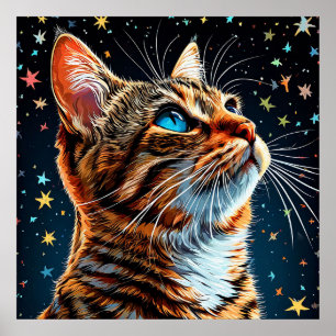 Katt med blå ögon stirrar på stjärnklar natthimmel poster