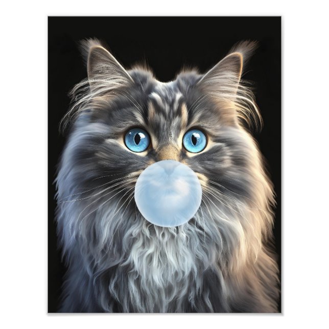 Katt med blåa ögon som blåser en blå bubbelgum fototryck (Framsidan)