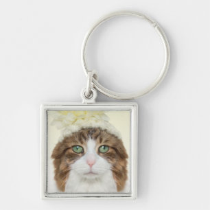 Katt med blommahatten fyrkantig silverfärgad nyckelring