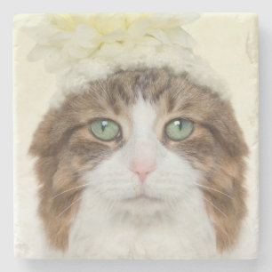 Katt med blommahatten underlägg sten