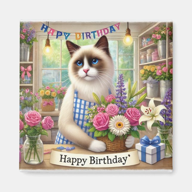 Katt med blomman Grattis på födelsedagen Magnet (Framsidan)