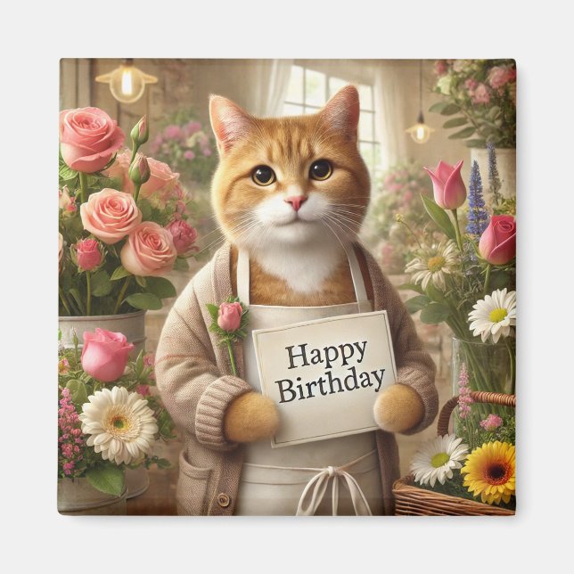 Katt med blomman Grattis på födelsedagen Magnet (Framsidan)