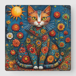 Katt med blommig kropp naturinspirerad estetik fyrkantig klocka