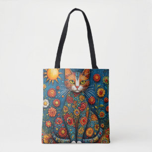 Katt med blommig kropp omgiven av blommor tygkasse