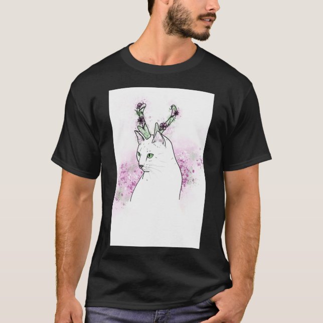 Katt med Blommigt Antlers (Färg version) Classic T T Shirt (Framsida)