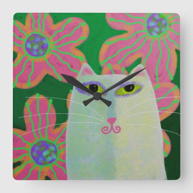 Katt med blommor, Abstrakt Art Square Wall Clock Fyrkantig Klocka (Framsida)