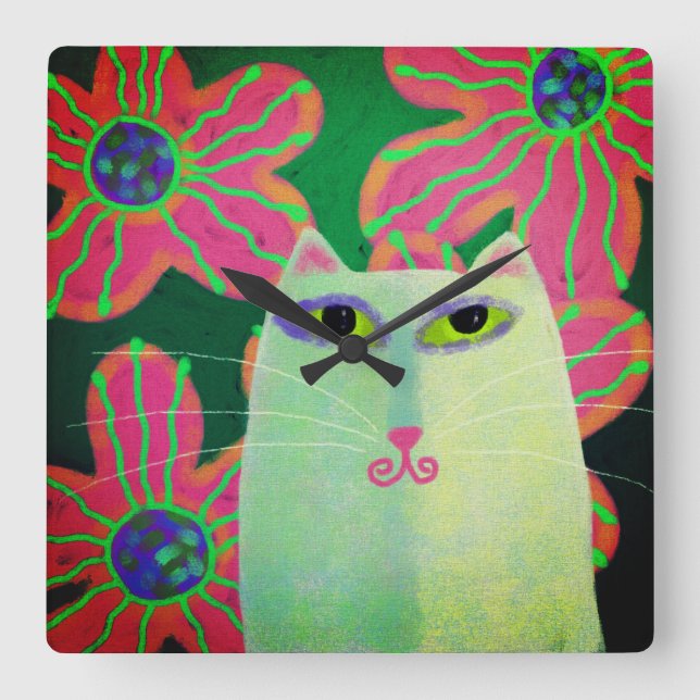 Katt med blommor Abstrakt konst Fyrkantig Klocka (Framsida)