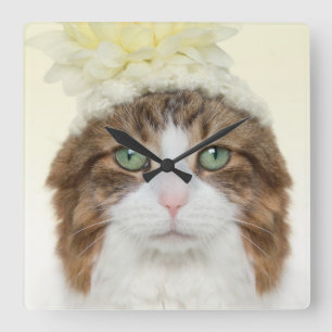Katt med blommor fyrkantig klocka