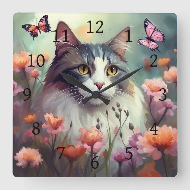 Katt med blommor och fjärilar AI Cat 701 Fyrkantig Klocka (Framsida)