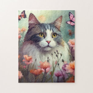 Katt med blommor och fjärilar Kat 701 Pussel