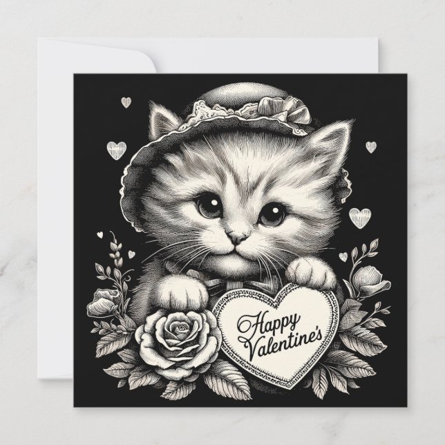 Katt med blommor och hjärta Alla hjärtans dags-ill Kort (Framsida)