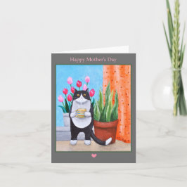 Katt med blommor och kaffe Cute Cat Mors dag Kort