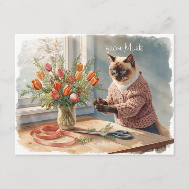 Katt med blommor  Vinter julkollektion Helg Vykort (Framsida)