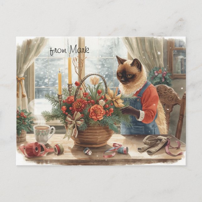 Katt med blommor  Vinter julkollektion Helg Vykort (Framsida)