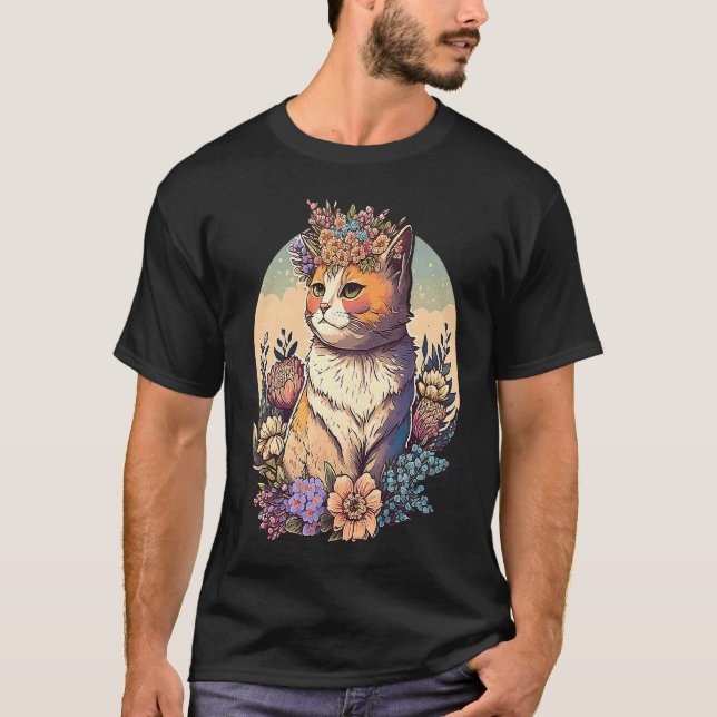 Katt med blomsterkrans  3 t shirt (Framsida)