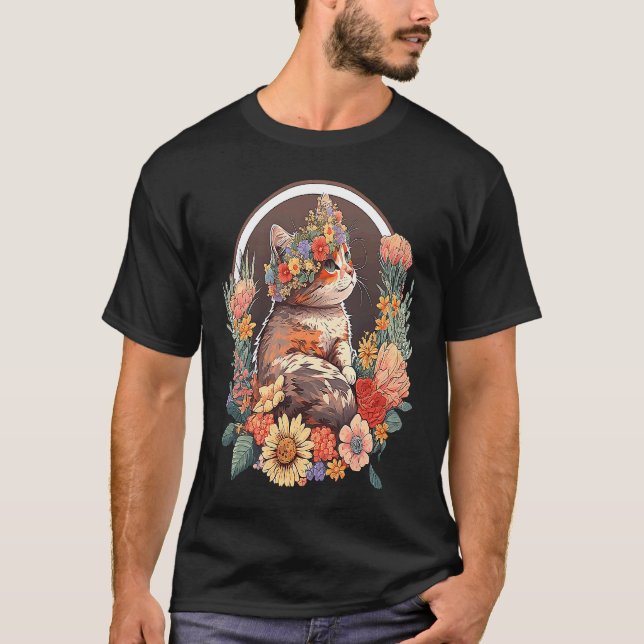 Katt med blomsterkrans  5 t shirt (Framsida)