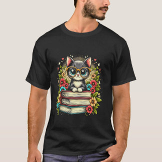 Katt med böcker & blommor för söt katt & bokälskar t shirt