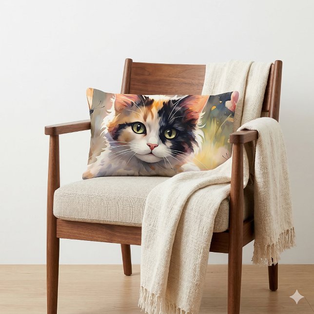 Katt med brokig päls och fjärilar i vårträdgården lumbarkudde (Calico Cat and Butterflies in Spring Garden Lumbar Pillow On Chair)