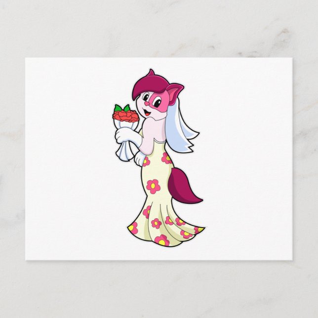 Katt med bröllopskjol & bukett blommor vykort (Framsida)