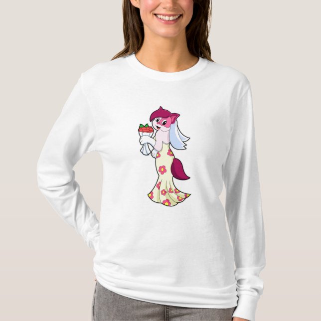 Katt med bröllopsklänning & bukett blommor t shirt (Framsida)