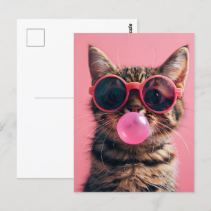 Katt med bubbelgummi, rosa, postkorsning vykort