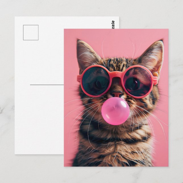 Katt med bubbelgummi, rosa, postkorsning vykort (Fram/baksida)