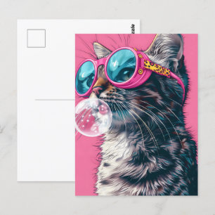 Katt med bubbelgummi, rosa, postkorsning vykort