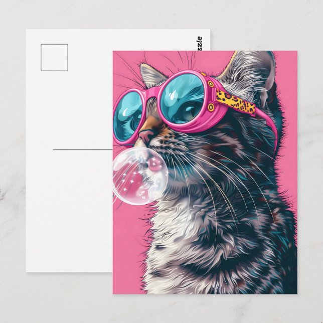 Katt med bubbelgummi, rosa, postkorsning vykort (Fram/baksida)