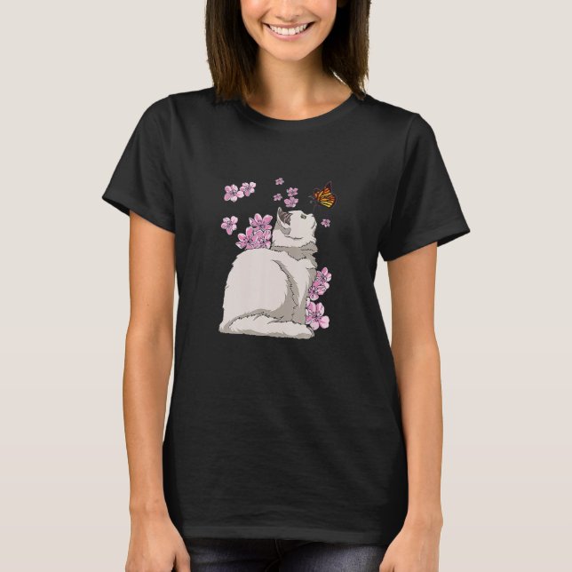 Katt med Butterfly Japansk Sakura Cherry Blommar T Shirt (Framsida)