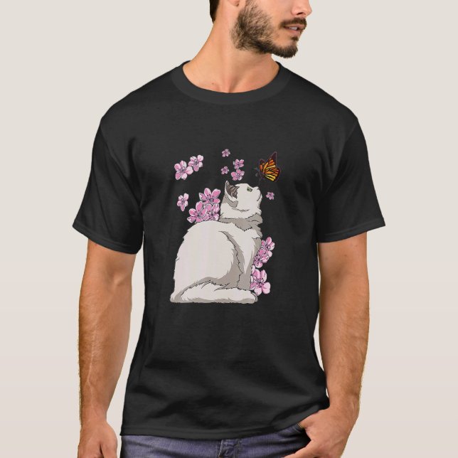 Katt med Butterfly Japansk Sakura Cherry Blommar T Shirt (Framsida)