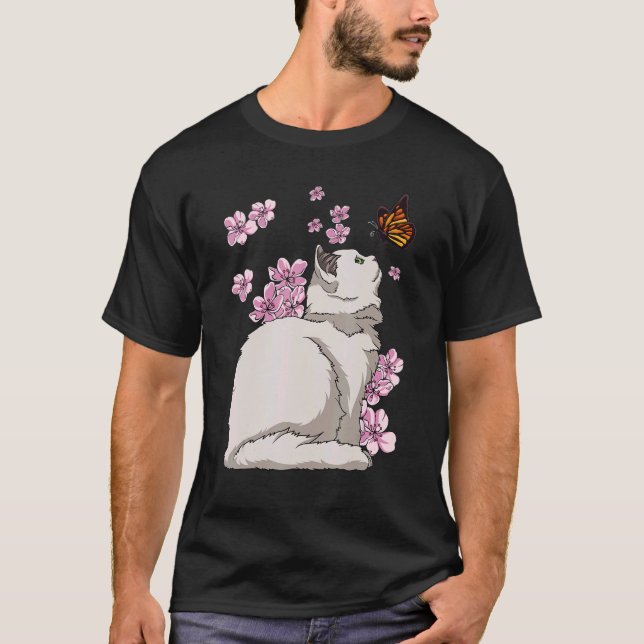 Katt med Butterfly Japansk Sakura Cherry Blommar T Shirt (Framsida)