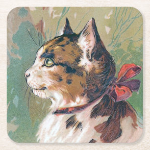 Katt med den röda bandvintageillustrationen underlägg papper kvadrat