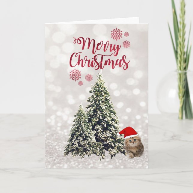 Katt med den Santa hatten, grästräd, Glittery Helgkort (Framsida)