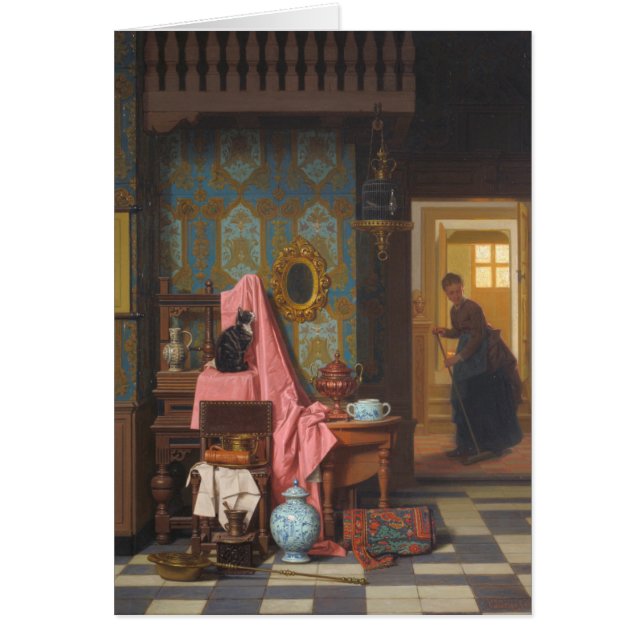 Katt med en fågelbur hälsningskort (Framsidan)