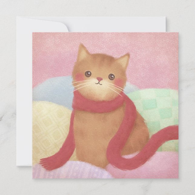 Katt med en röd scarfillustration tack kort (Framsida)