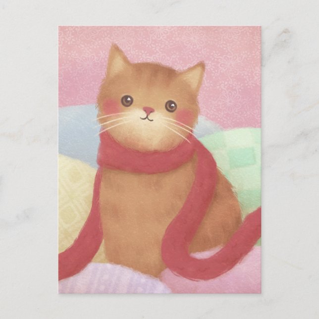 Katt med en röd scarfillustration vykort (Framsida)