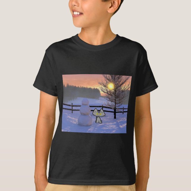 Katt med en snögubbe t-shirt (Framsida)