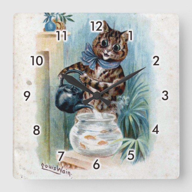 Katt med en vattenkokare, Louis Wain Fyrkantig Klocka (Framsida)