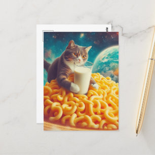 Katt med ett glas Mjölk på en planetsost Pasta Vykort