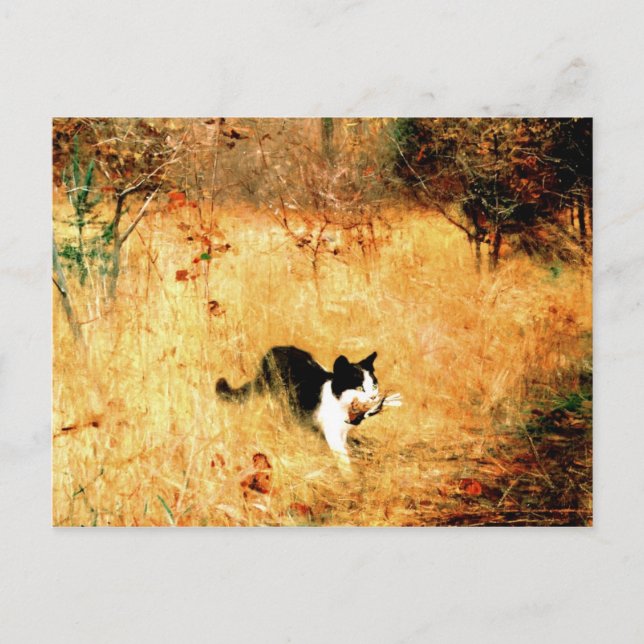 Katt med fågel i munnen vykort (Framsida)