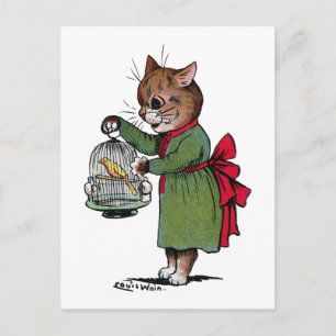 Katt med fågelburk, Louis Wain Vykort