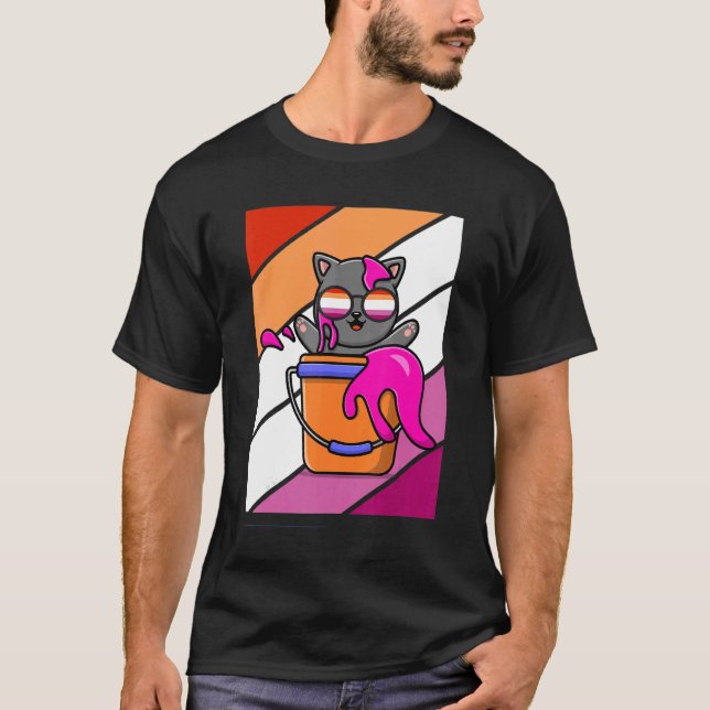 Katt med Färg Pride Lesbisk Flagga Lgbtq Proud all T Shirt (Framsida)