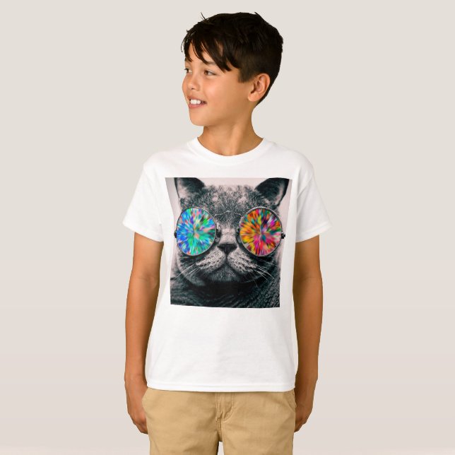 Katt med färgad glasögon t shirt (Hel framsida)