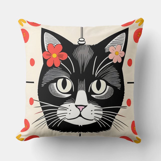 Katt med färgglada blommor och grafiska element kudde (Framsida)