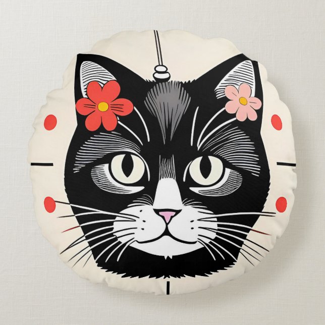 Katt med färgglada blommor och grafiska element rund kudde (Framsidan)